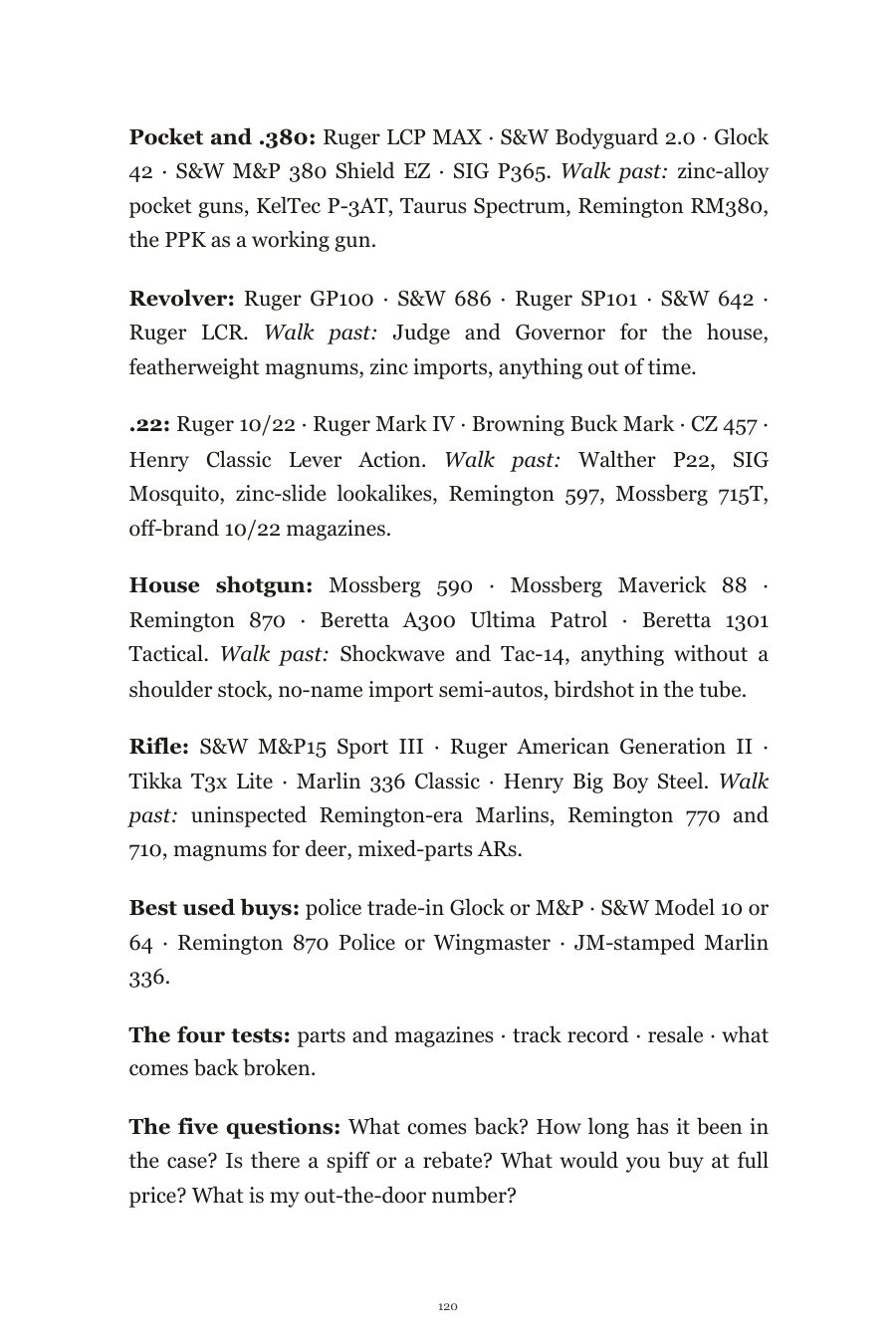 Book page: the short list continued, with the guns to walk past